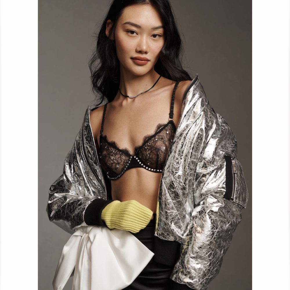 NWT Anthropologie AVEC Les Filles Crackle Metallic Bomber Jacket Size Large